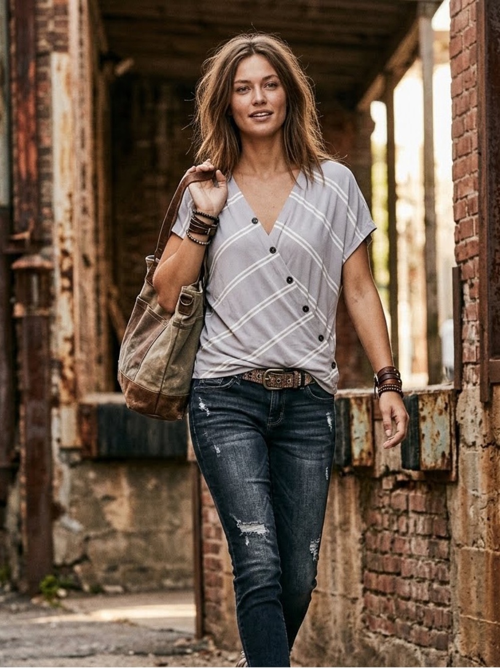 HYFVE Striped Wrap-Front Top- Gray and White